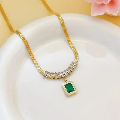4 pcs Luxury Square Green Crystal Zircon Pendant Necklace Set